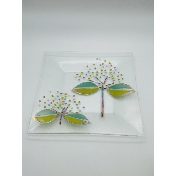 Vintage Hand Painted Mosaic Floral Square Dinner Plate Frosted Green Serve Ware - Picture 4 of 5